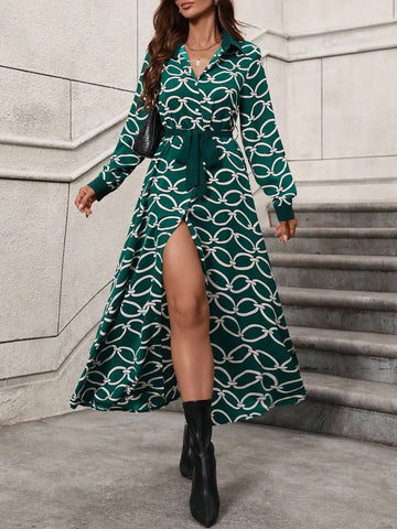 Women Spring Summer Chain Print Long Sleeve Long Elegant Shirt Dress