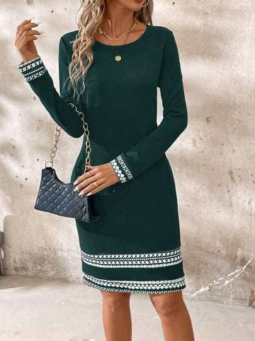 Women Spring & Autumn Round Neck Elegant Colorblock Geometric Long Sleeve Dress