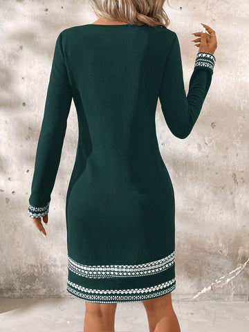 Women Spring & Autumn Round Neck Elegant Colorblock Geometric Long Sleeve Dress