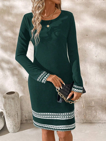 Women Spring & Autumn Round Neck Elegant Colorblock Geometric Long Sleeve Dress