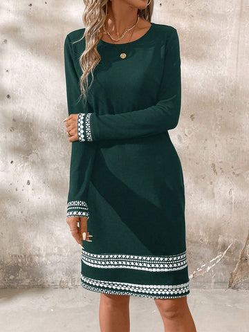 Women Spring & Autumn Round Neck Elegant Colorblock Geometric Long Sleeve Dress