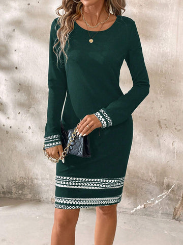 Women Spring & Autumn Round Neck Elegant Colorblock Geometric Long Sleeve Dress