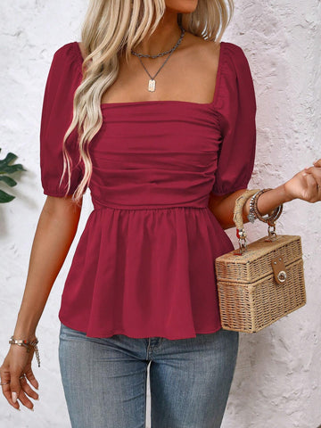 Clasi Women Square Neck Pleated Ruffle Hem Casual Short Sleeve Blouse