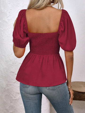 Clasi Women Square Neck Pleated Ruffle Hem Casual Short Sleeve Blouse