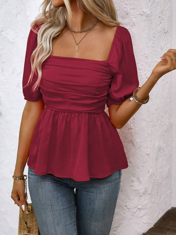 Clasi Women Square Neck Pleated Ruffle Hem Casual Short Sleeve Blouse