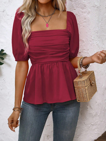 Clasi Women Square Neck Pleated Ruffle Hem Casual Short Sleeve Blouse