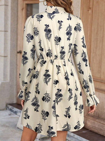 Women Stand Collar Full Print Minimalist Short Casual Dress, Long Sleeve