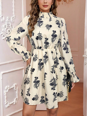 Women Stand Collar Full Print Minimalist Short Casual Dress, Long Sleeve