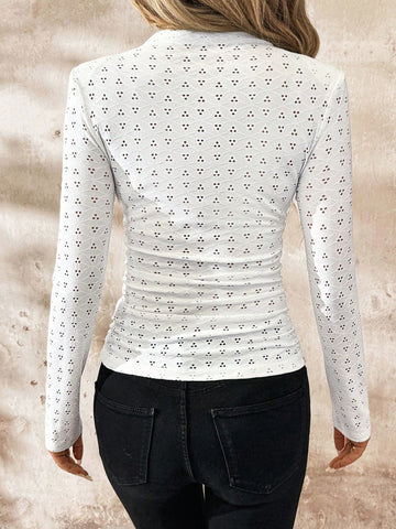 Clasi Women Stand Collar Long Sleeve Hollow Minimalist Blouse