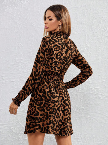 Women Stand Collar Long Sleeve Leopard Print Casual Minimalist Short Dress