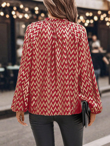 Clasi Women Stand Collar Off Shoulder Long Sleeve Allover Print Casual Blouse