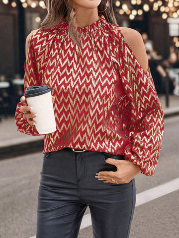 Clasi Women Stand Collar Off Shoulder Long Sleeve Allover Print Casual Blouse