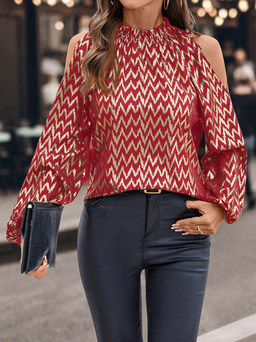 Clasi Women Stand Collar Off Shoulder Long Sleeve Allover Print Casual Blouse