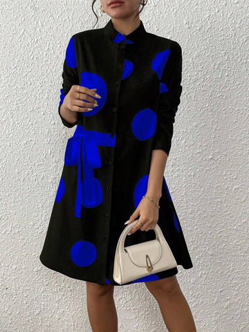 Women Stand Collar Polka Dot Tie Front Button Design Dress