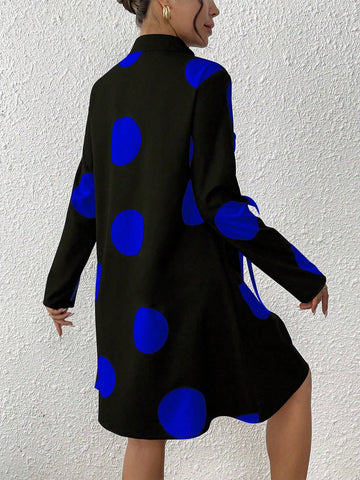 Women Stand Collar Polka Dot Tie Front Button Design Dress