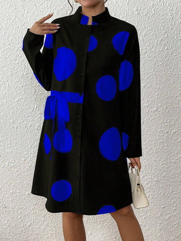Women Stand Collar Polka Dot Tie Front Button Design Dress
