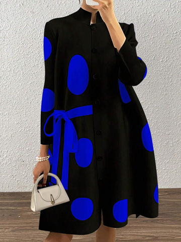 Women Stand Collar Polka Dot Tie Front Button Design Dress