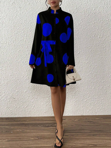 Women Stand Collar Polka Dot Tie Front Button Design Dress