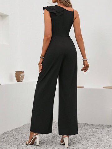 Women Summer Casual Solid Color Asymmetric Collar Ruffle Trim Jumpsuit