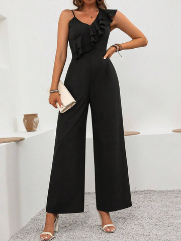 Women Summer Casual Solid Color Asymmetric Collar Ruffle Trim Jumpsuit