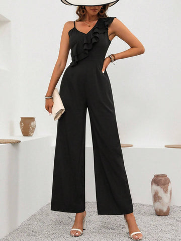 Women Summer Casual Solid Color Asymmetric Collar Ruffle Trim Jumpsuit
