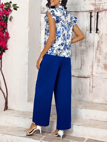 Women Summer Holiday Shirred Stand Collar Cap Sleeve Blouse And Button Detail Wide Leg Pants Elegant Suit