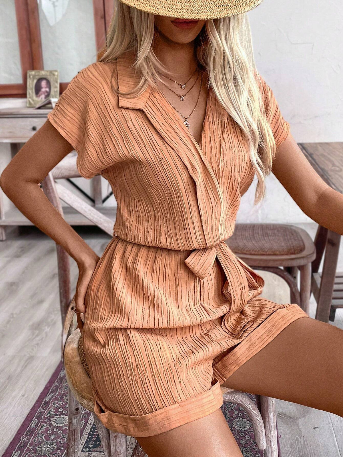Women Summer Solid Color Bat Sleeve Casual Loose Short Jumpsuit