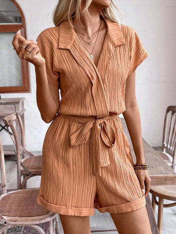 Women Summer Solid Color Bat Sleeve Casual Loose Short Jumpsuit