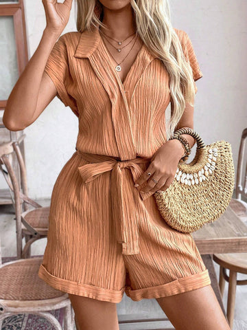 Women Summer Solid Color Bat Sleeve Casual Loose Short Jumpsuit
