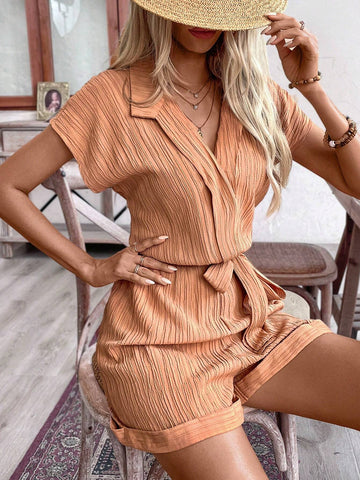 Women Summer Solid Color Bat Sleeve Casual Loose Short Jumpsuit