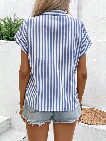 Clasi Women Summer Striped Batwing Short Sleeve Loose Casual Shirt