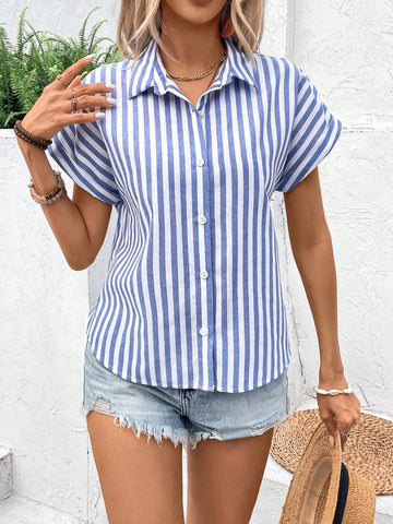 Clasi Women Summer Striped Batwing Short Sleeve Loose Casual Shirt