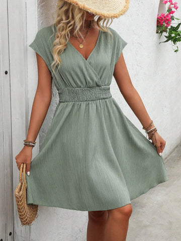Women Summer V-Neck Overlap Waist Tie Loose Maxi Dress