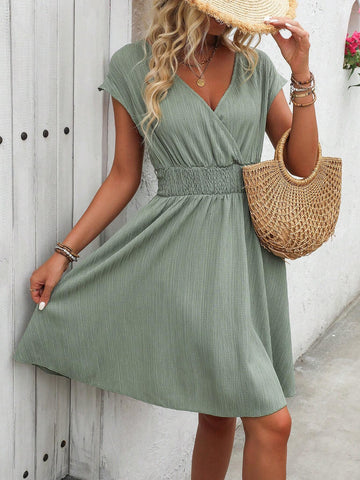Women Summer V-Neck Overlap Waist Tie Loose Maxi Dress