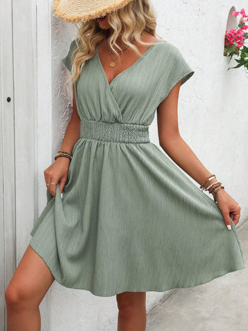 Women Summer V-Neck Overlap Waist Tie Loose Maxi Dress