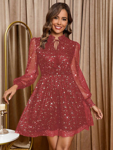 Women Tie Front Mesh Patchwork Long Sleeve Casual Short Dress