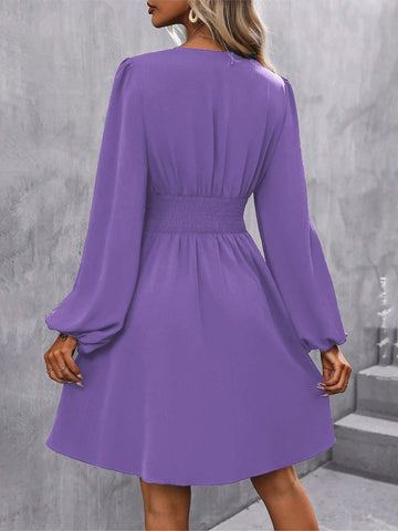 Women V-Neck Criss-Cross Wrap Elegant Long Sleeve Dress
