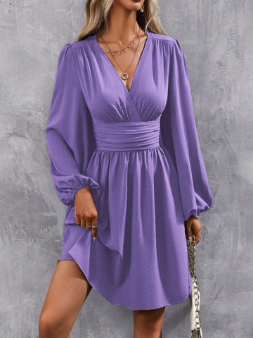 Women V-Neck Criss-Cross Wrap Elegant Long Sleeve Dress