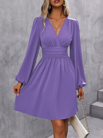 Women V-Neck Criss-Cross Wrap Elegant Long Sleeve Dress