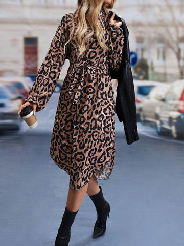 Women V-Neck Leopard Print Long Sleeve Casual Dress, Spring And Summer