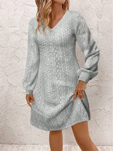 Women V-Neck Long Sleeve Minimalist Short Dress, Casual For Daily Wear