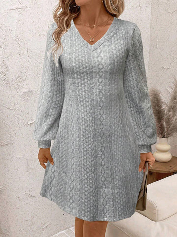 Women V-Neck Long Sleeve Minimalist Short Dress, Casual For Daily Wear