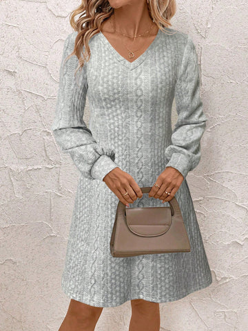 Women V-Neck Long Sleeve Minimalist Short Dress, Casual For Daily Wear