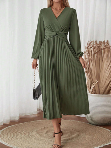 Women V-Neck Long Sleeve Twist Pleated Casual Dress