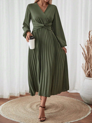 Women V-Neck Long Sleeve Twist Pleated Casual Dress