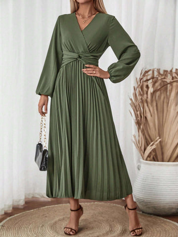 Women V-Neck Long Sleeve Twist Pleated Casual Dress