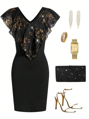 Women V-Neck Ruffle Metallic Flower Fitted Mini Dress, Elegant For Daily Wear, Spring And Summer