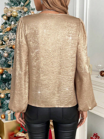 Clasi Women V-Neck Sequin Patchwork Lantern Sleeve Christmas Party Gold Blouse Christmas Outfits Long Sleeve Shirt