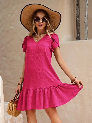 Women V-Neck Short Sleeve Casual Dress, Simple And Fashionable For Everyday Wear