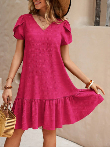Women V-Neck Short Sleeve Casual Dress, Simple And Fashionable For Everyday Wear